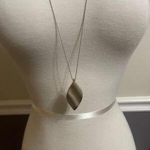 Elegant Brushed Nickel Leaf Long Pendant Necklace